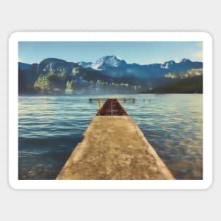 sea jetty and mountain view in winter Sticker